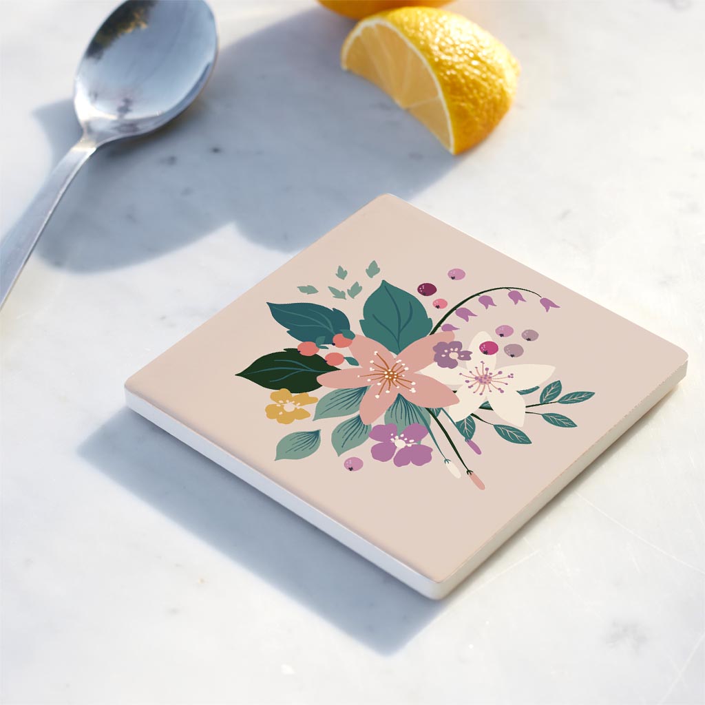 Ceramic Square Coaster-Vintage Florals Tan -4