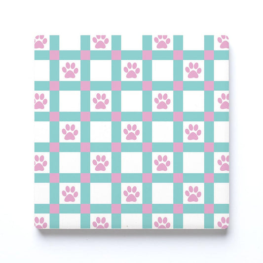 Ceramic Square Coaster-Checker Paw Print Pattern -0