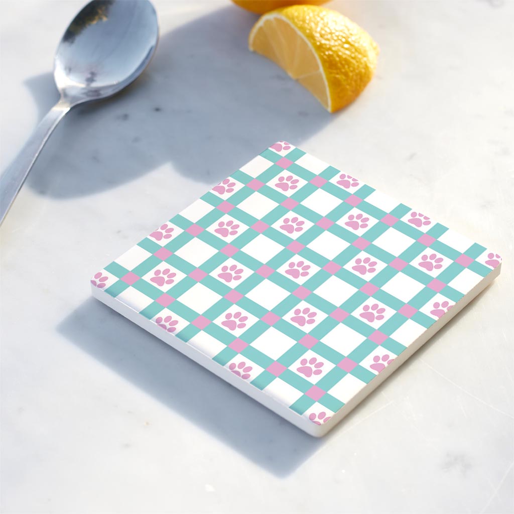 Ceramic Square Coaster-Checker Paw Print Pattern -4