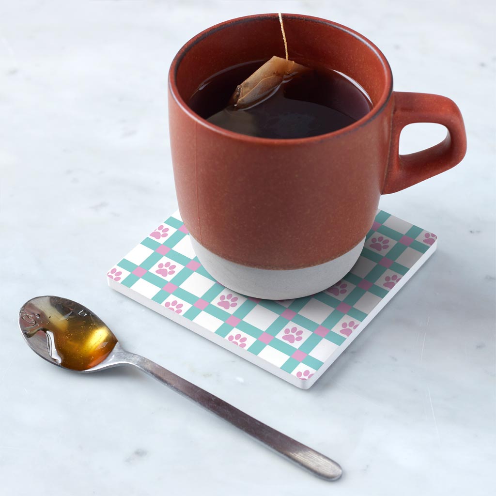 Ceramic Square Coaster-Checker Paw Print Pattern -5