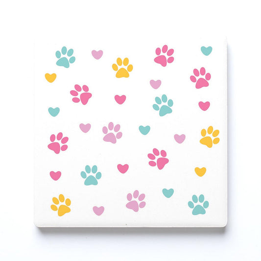 Ceramic Square Coaster-Colorful Heart & Paw Print Pattern -0