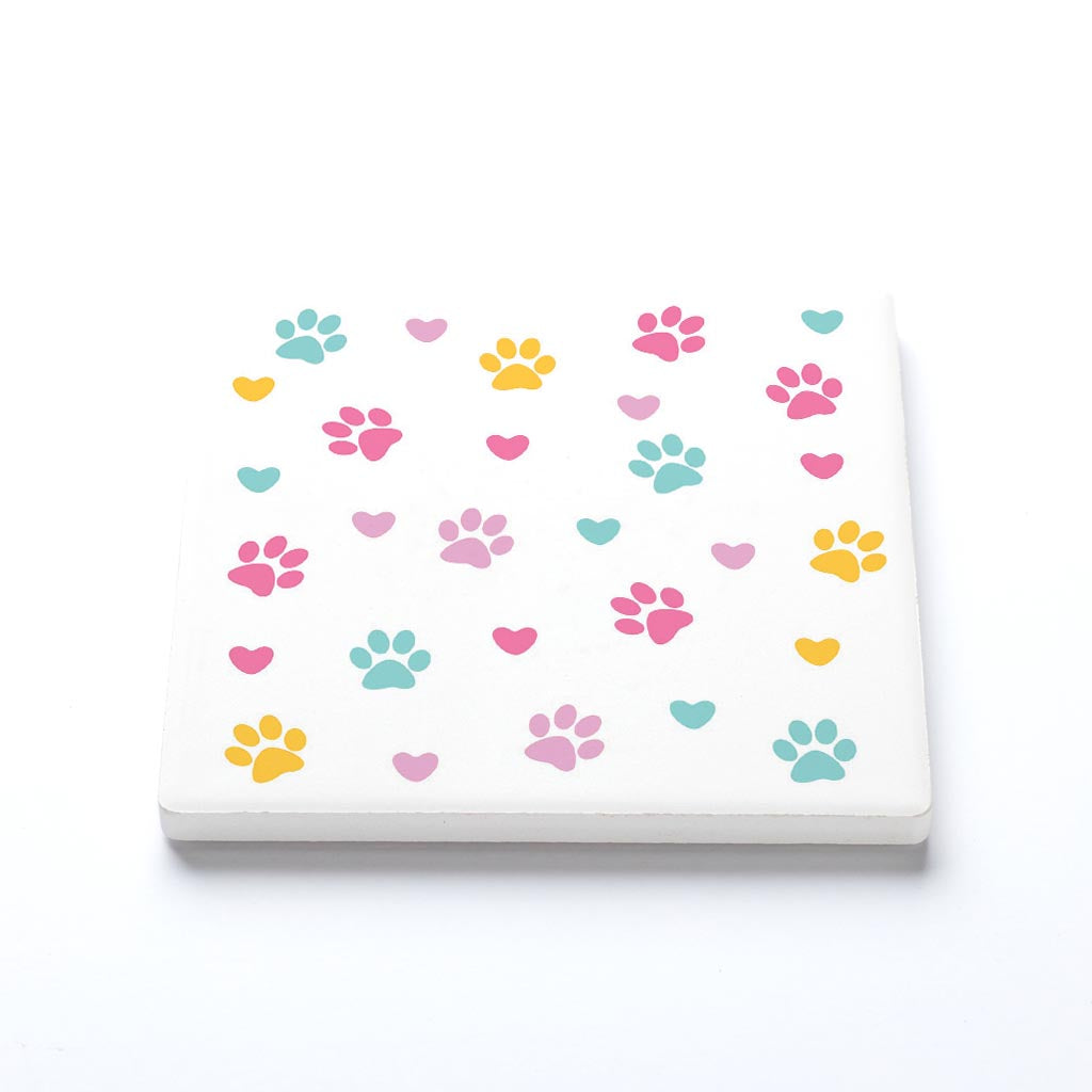 Ceramic Square Coaster-Colorful Heart & Paw Print Pattern -1