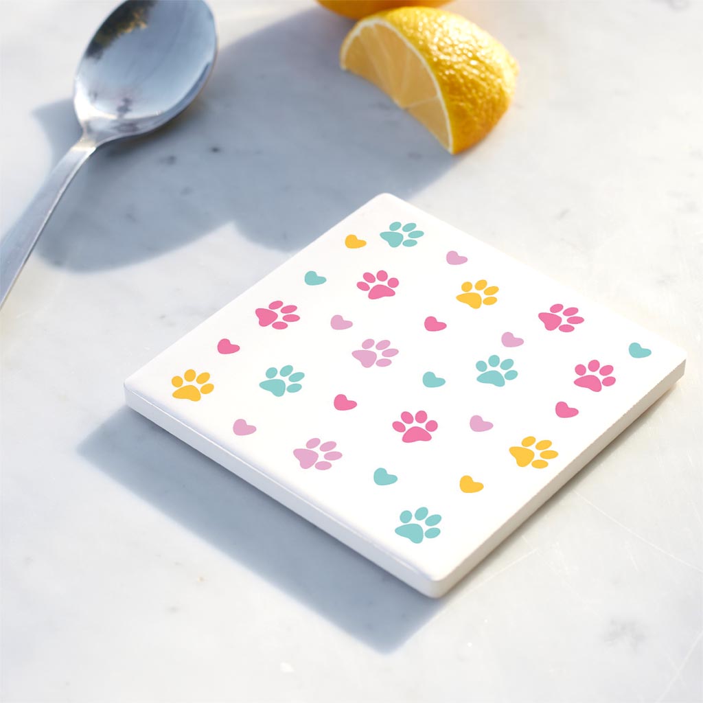Ceramic Square Coaster-Colorful Heart & Paw Print Pattern -4