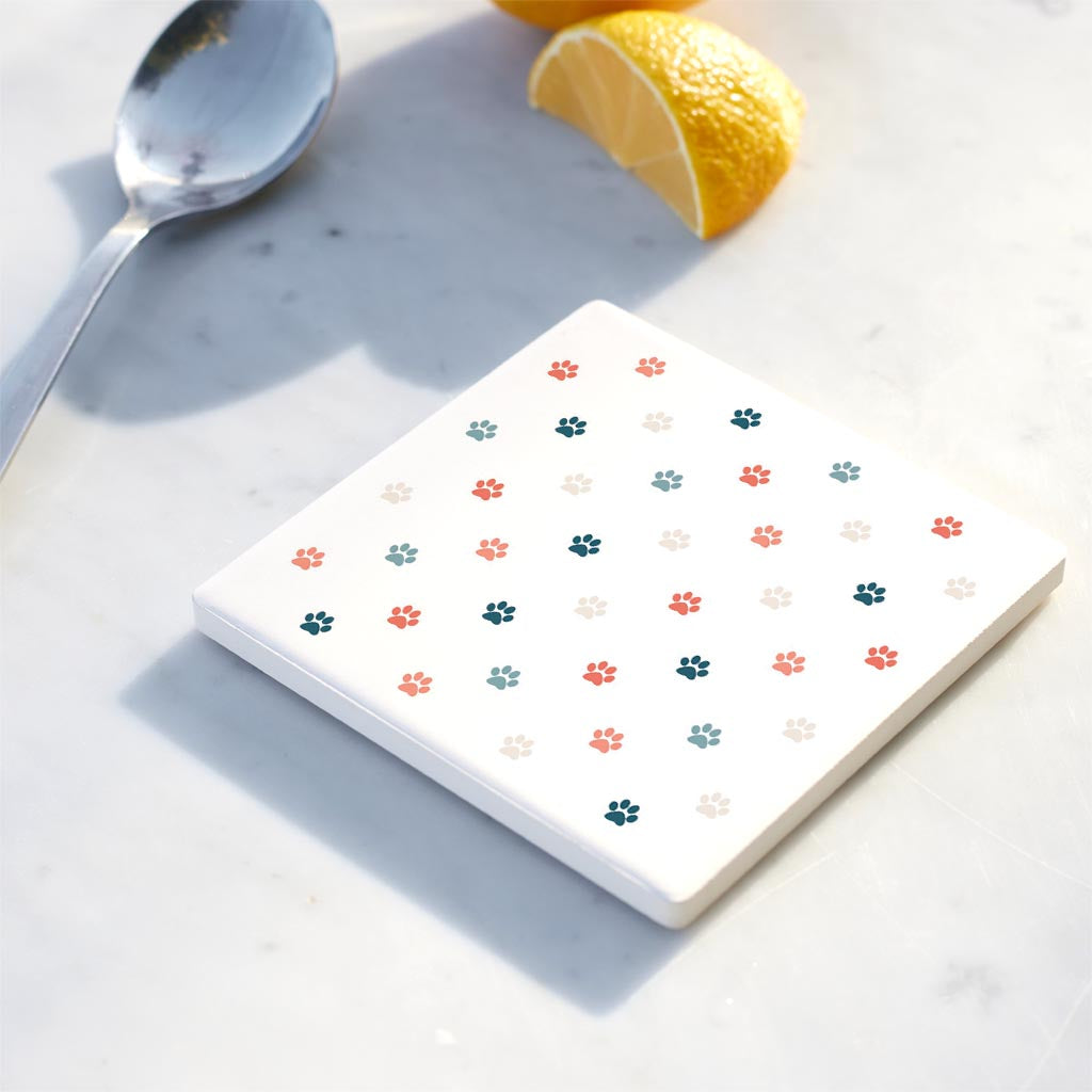 Ceramic Square Coaster-Cat Paw Print Pattern -4