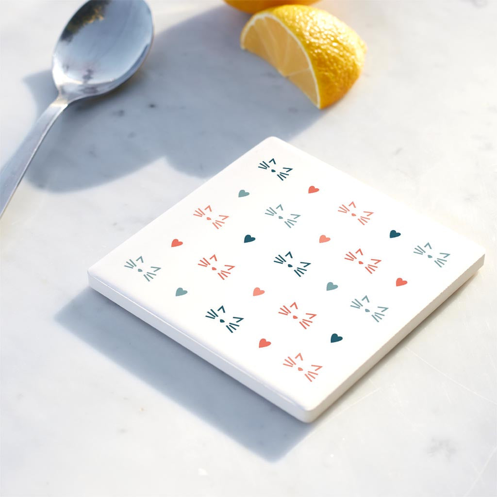 Ceramic Square Coaster-Cat Heart Pattern -4