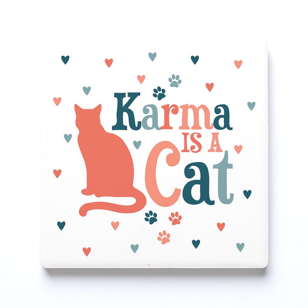 Ceramic Square Coaster-Karma Is A Cat Paw Prints & Hearts -0