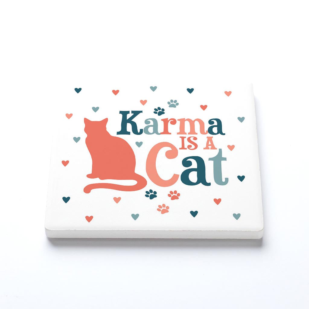 Ceramic Square Coaster-Karma Is A Cat Paw Prints & Hearts -1
