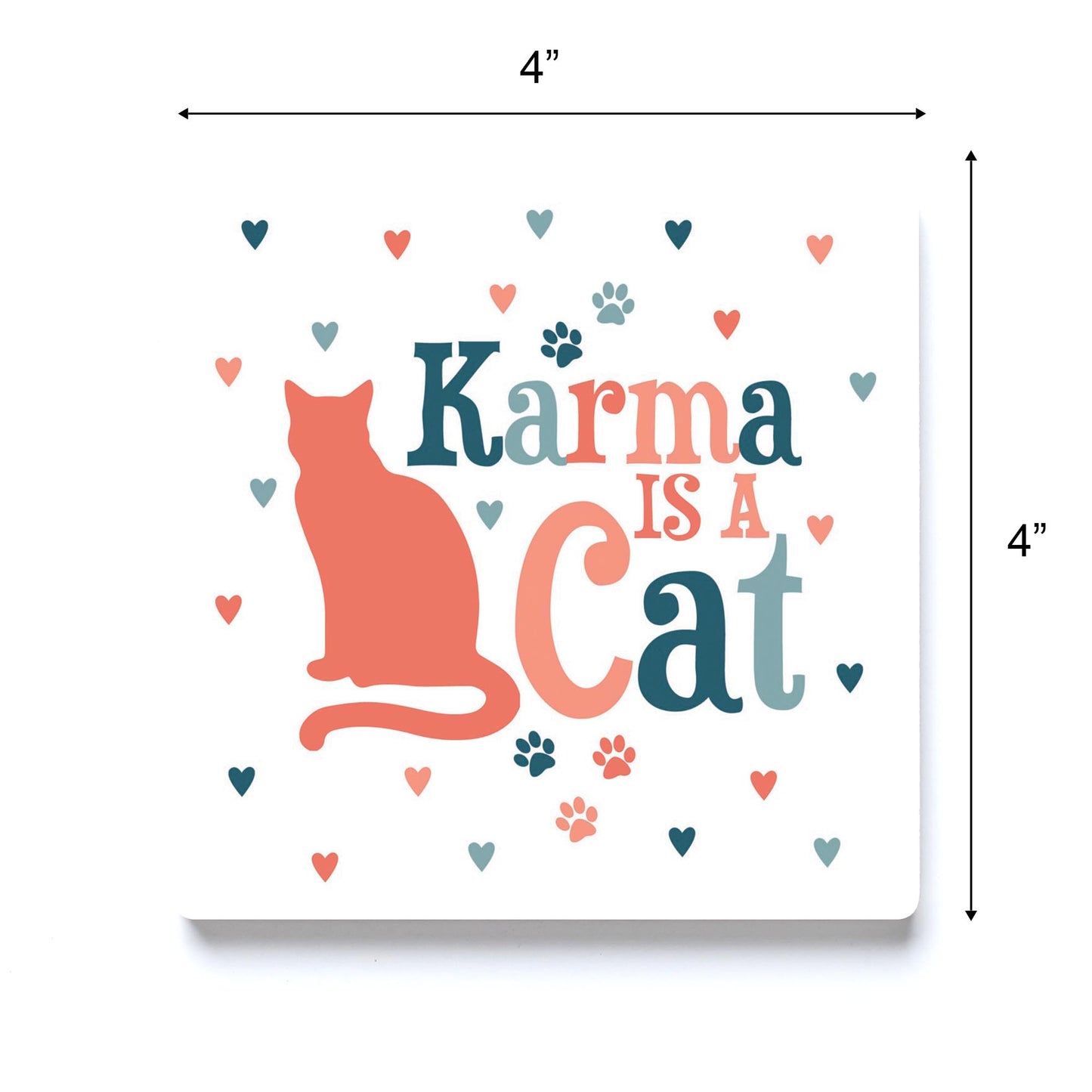 Ceramic Square Coaster-Karma Is A Cat Paw Prints & Hearts -3
