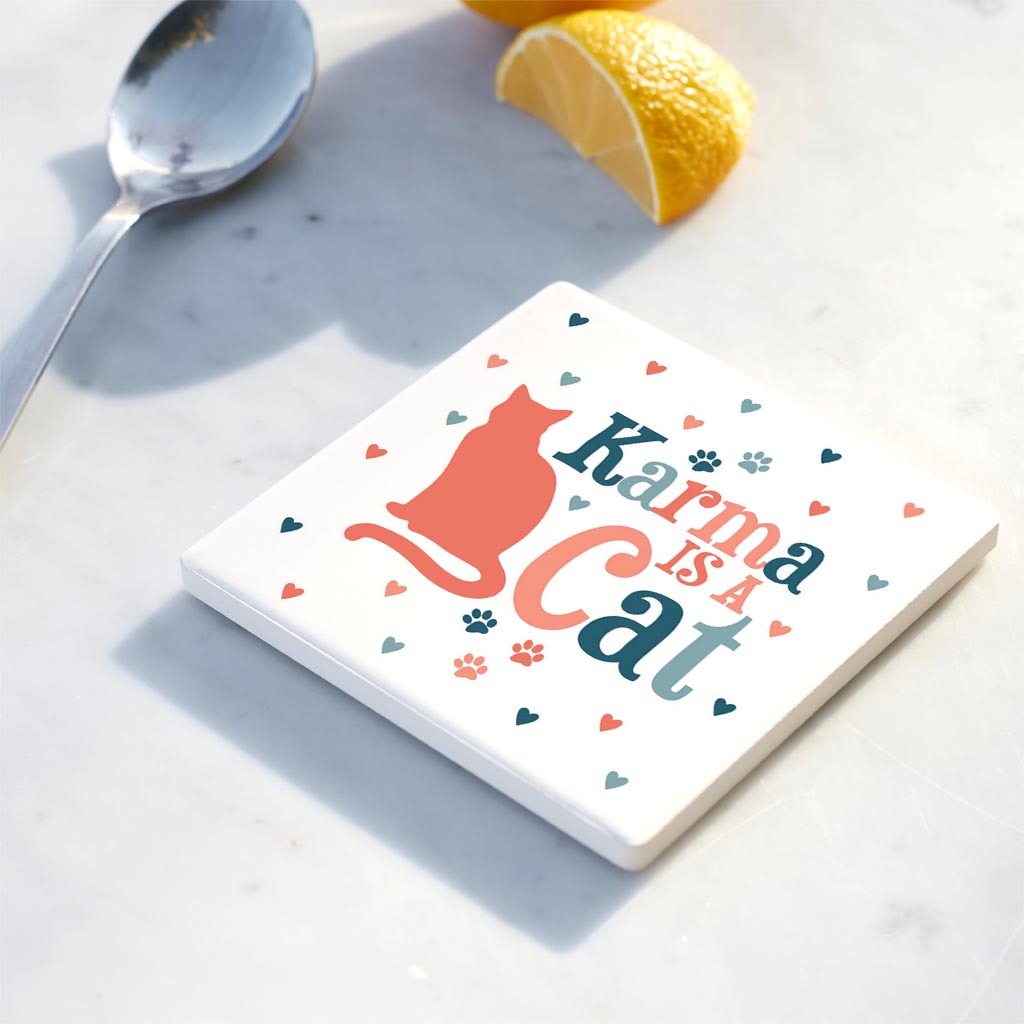 Ceramic Square Coaster-Karma Is A Cat Paw Prints & Hearts -4
