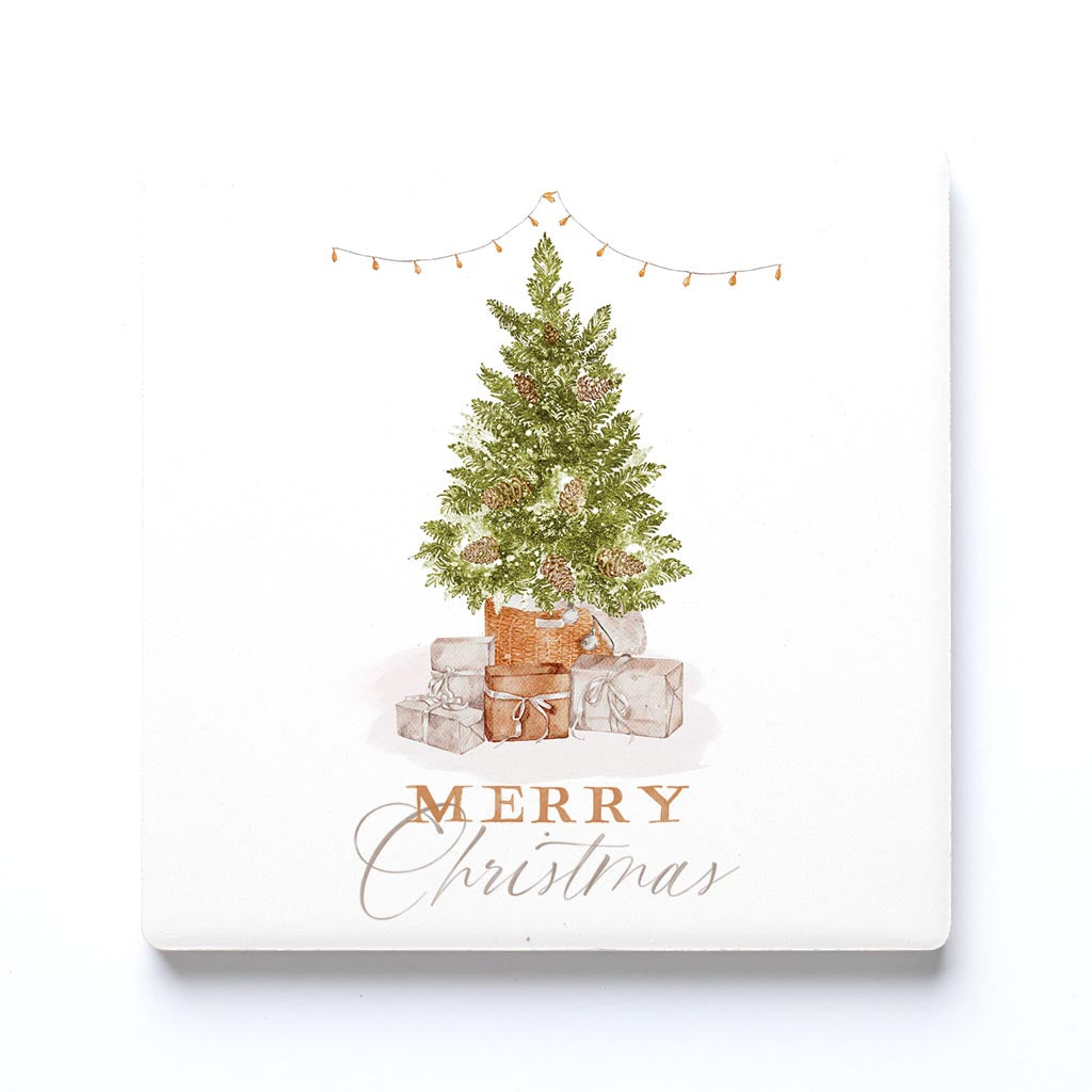 Ceramic Square Coaster-Cottage Tree Merry Christmas