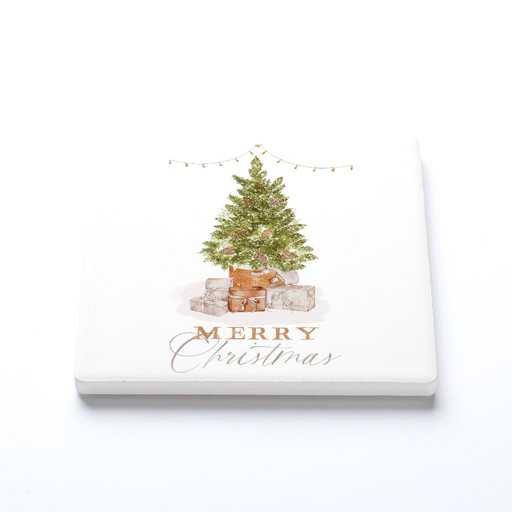 Ceramic Square Coaster-Cottage Tree Merry Christmas