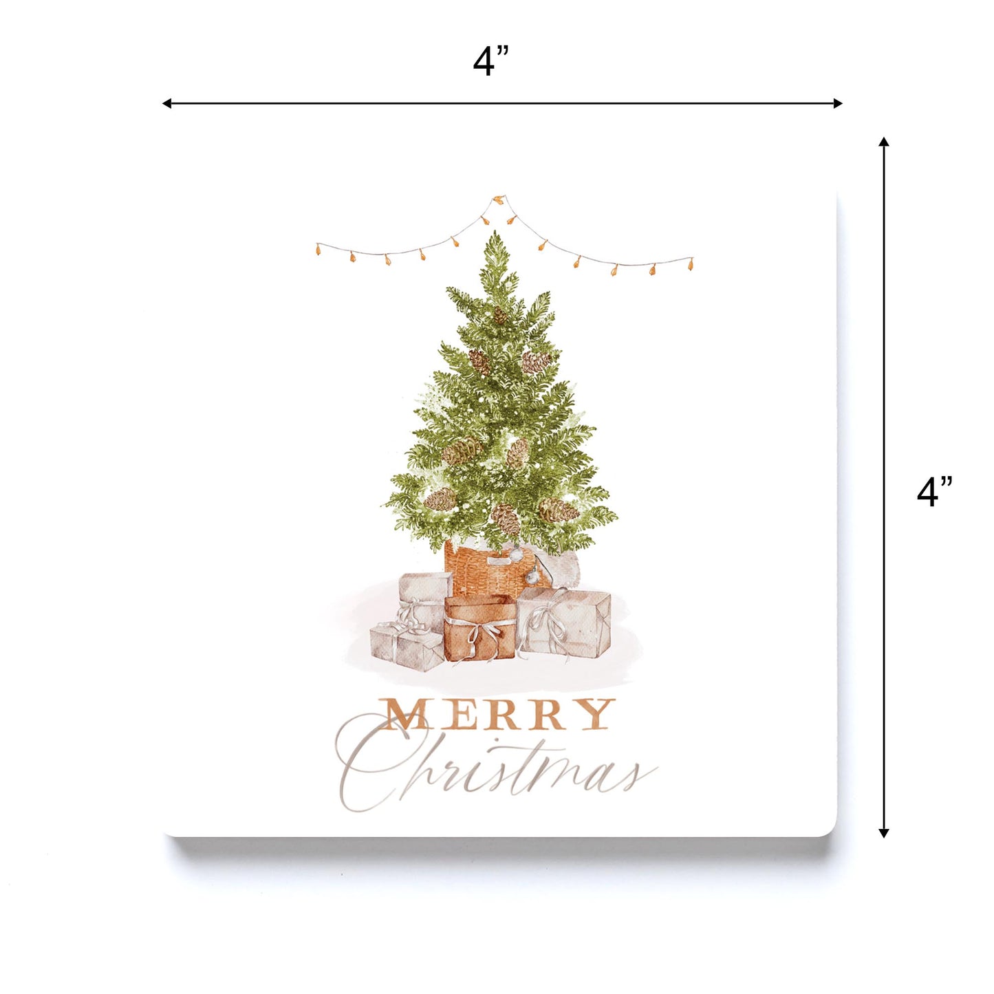 Ceramic Square Coaster-Cottage Tree Merry Christmas