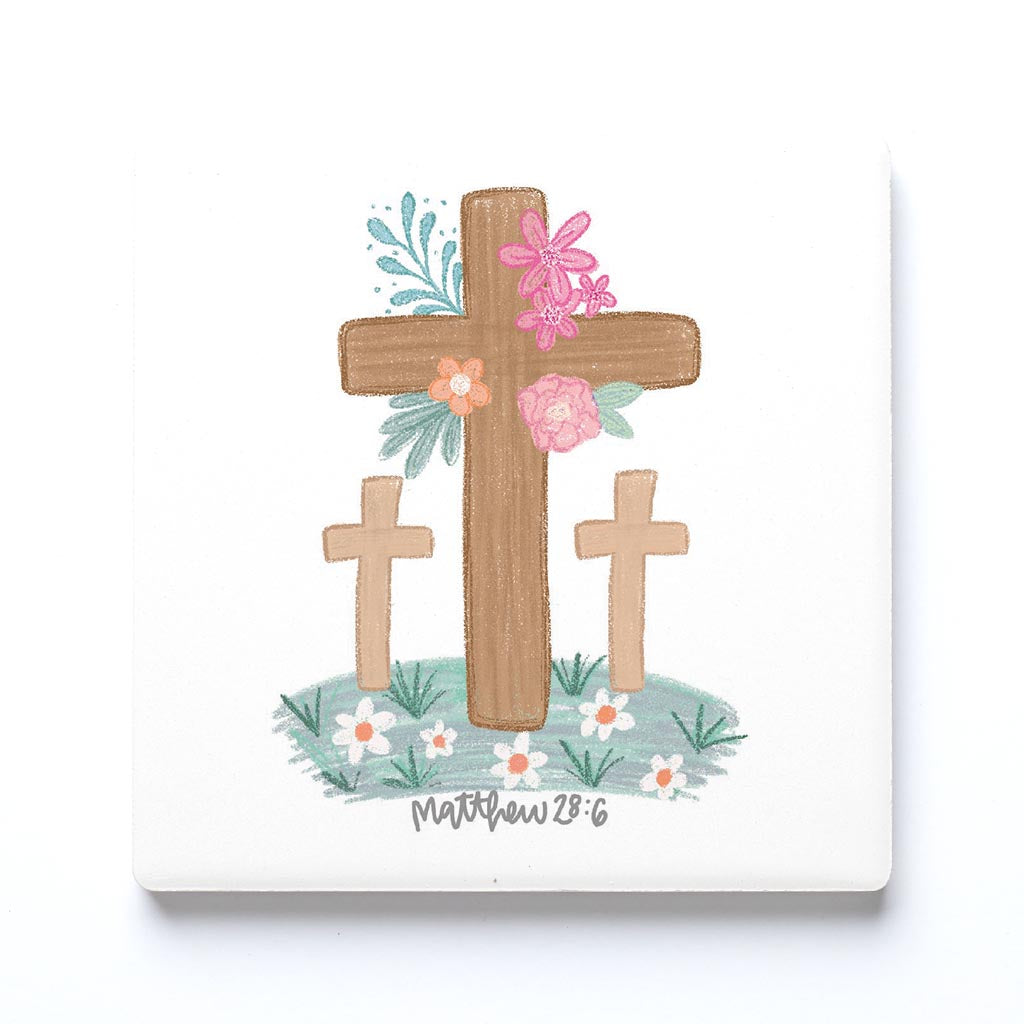 Ceramic Square Coaster-Three Crosses Matthew 28:6 -0