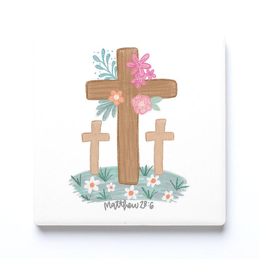 Ceramic Square Coaster-Three Crosses Matthew 28:6 -0