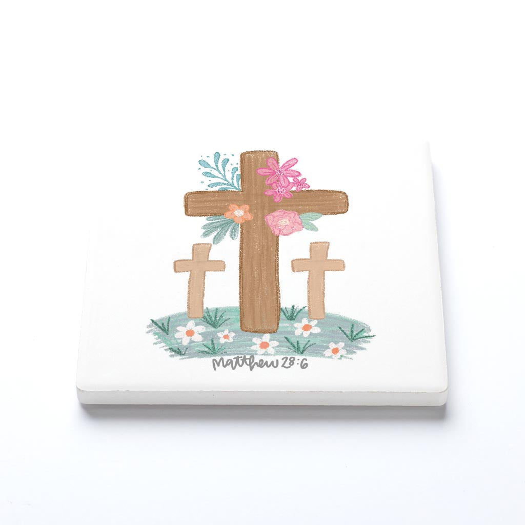 Ceramic Square Coaster-Three Crosses Matthew 28:6 -1
