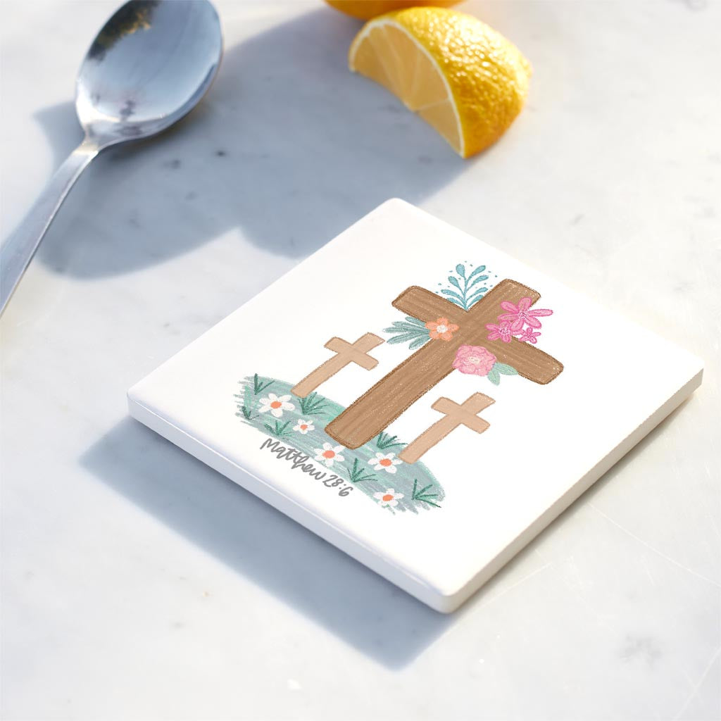 Ceramic Square Coaster-Three Crosses Matthew 28:6 -4
