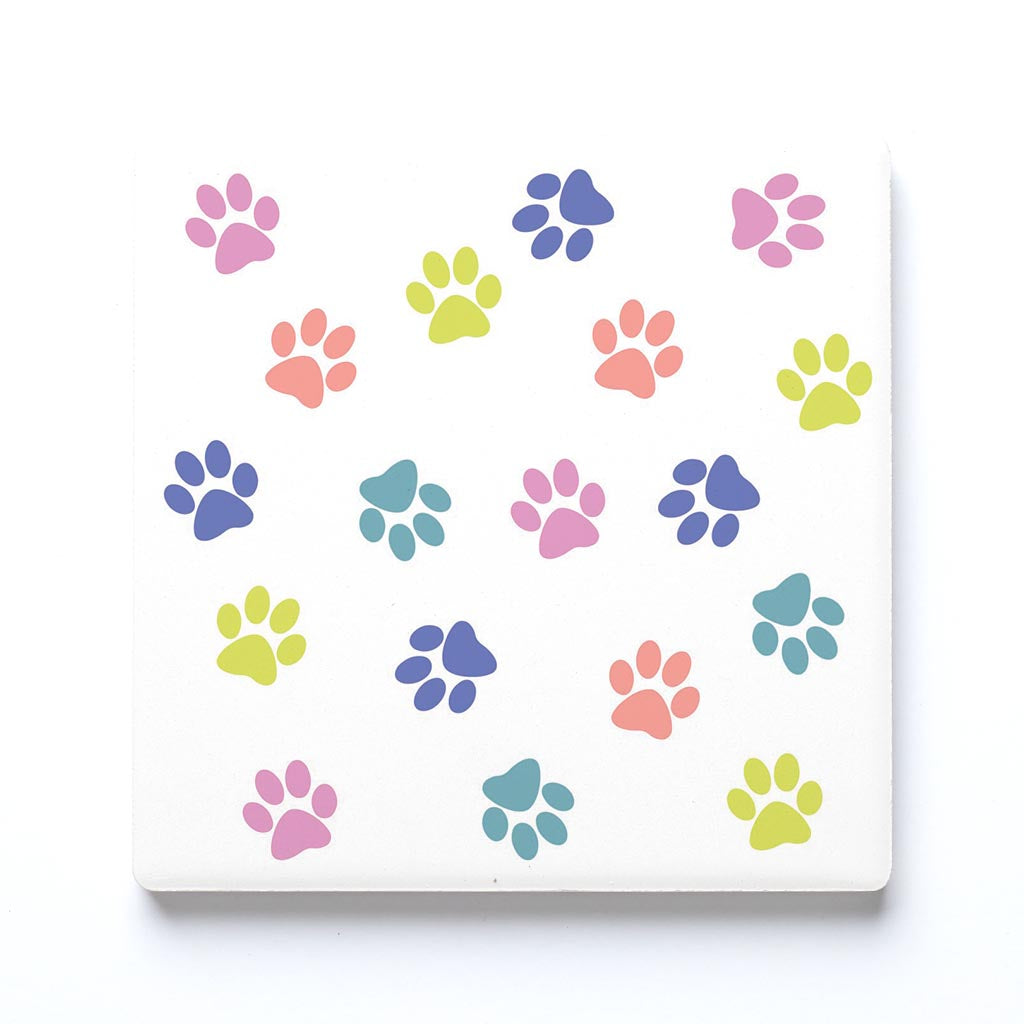 Ceramic Square Coaster-Colorful Paws Pattern White -0