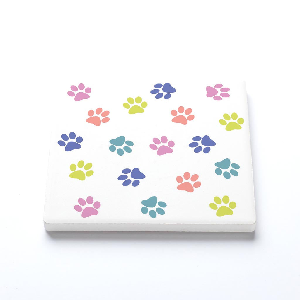 Ceramic Square Coaster-Colorful Paws Pattern White -1