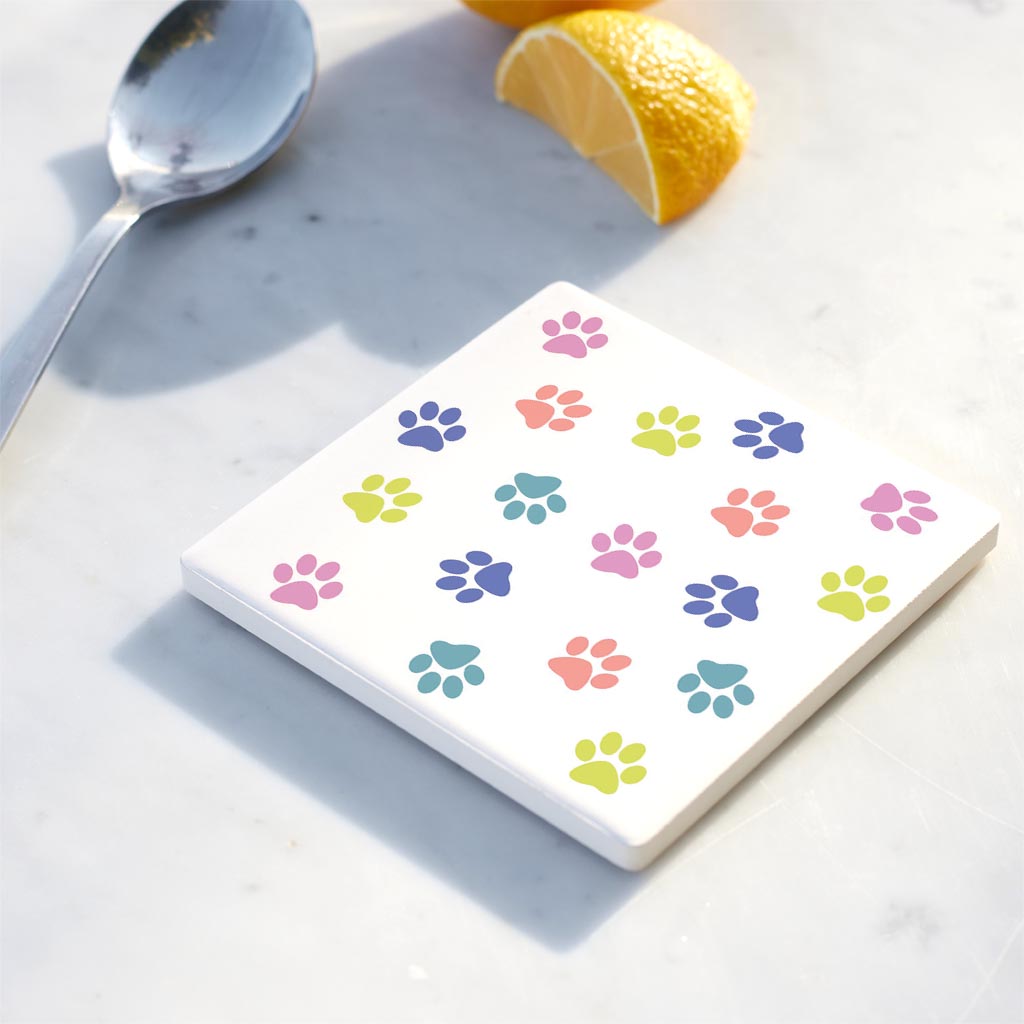 Ceramic Square Coaster-Colorful Paws Pattern White -4