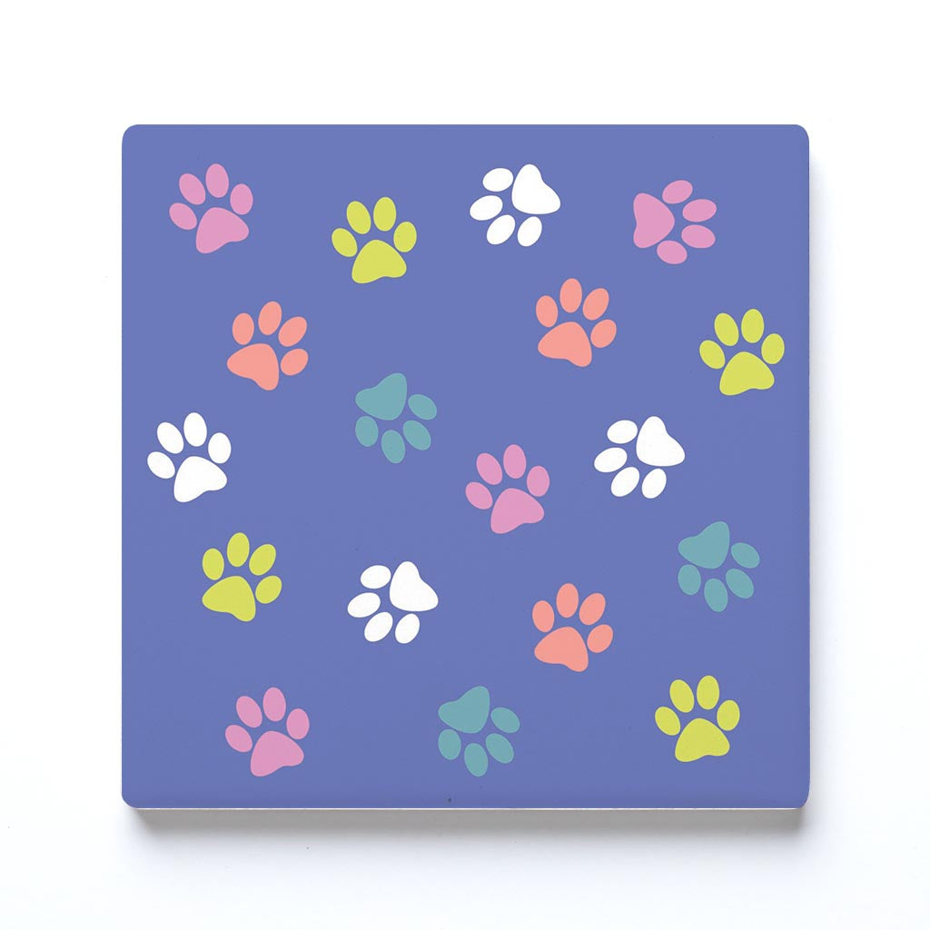 Ceramic Square Coaster-Colorful Paws Pattern Purple -0
