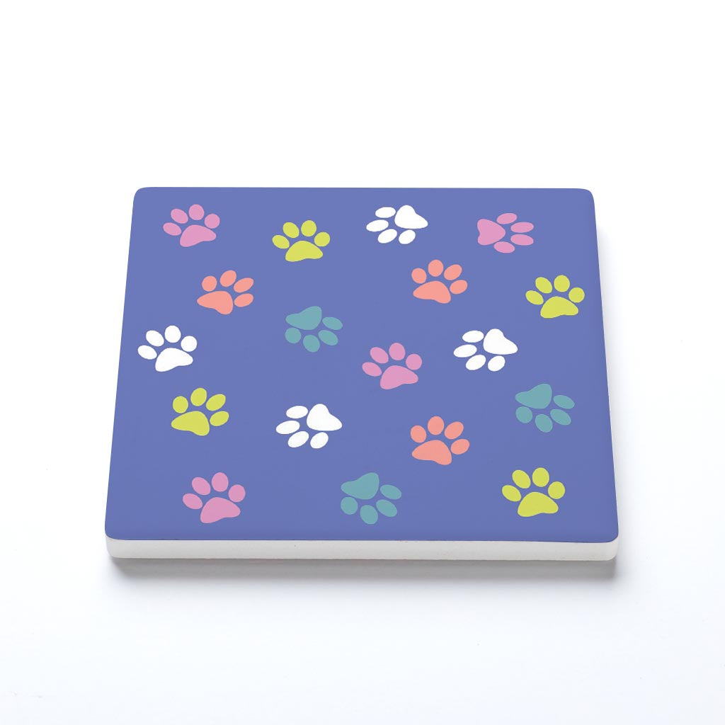 Ceramic Square Coaster-Colorful Paws Pattern Purple -1