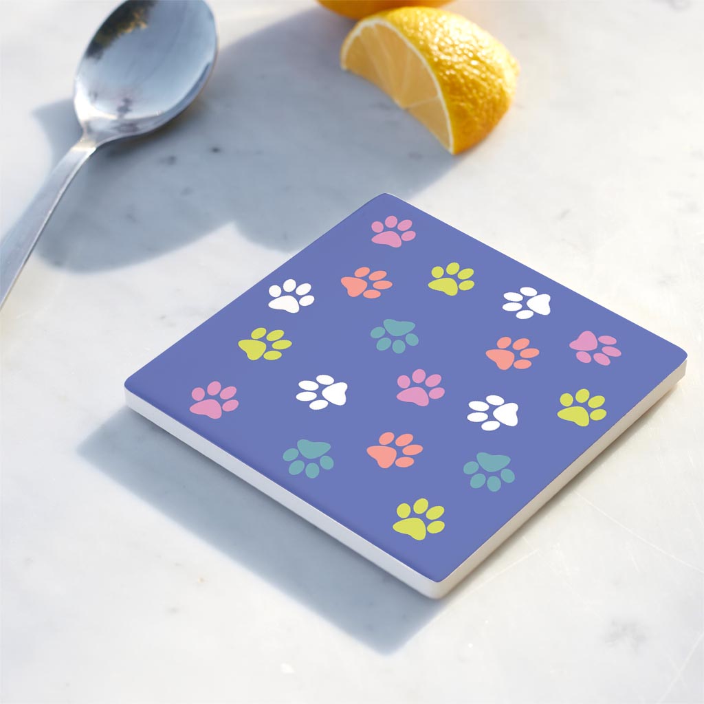 Ceramic Square Coaster-Colorful Paws Pattern Purple -4