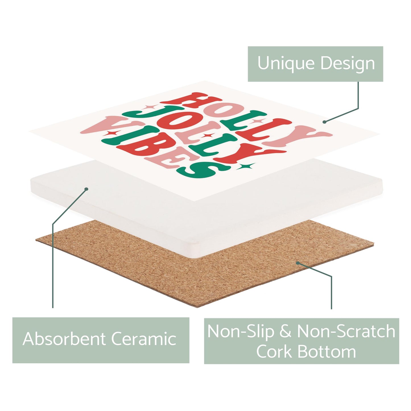 Ceramic Square Coaster-Holly Jolly Vibes