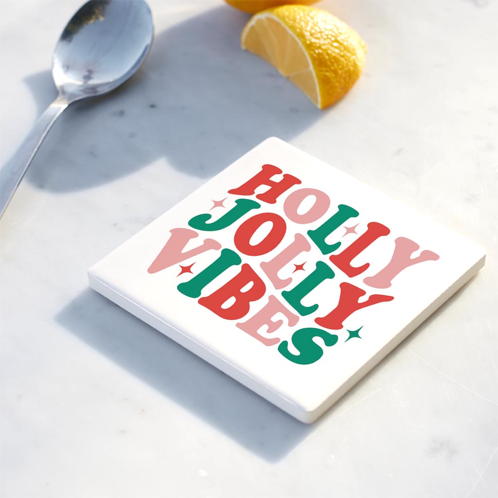 Ceramic Square Coaster-Holly Jolly Vibes