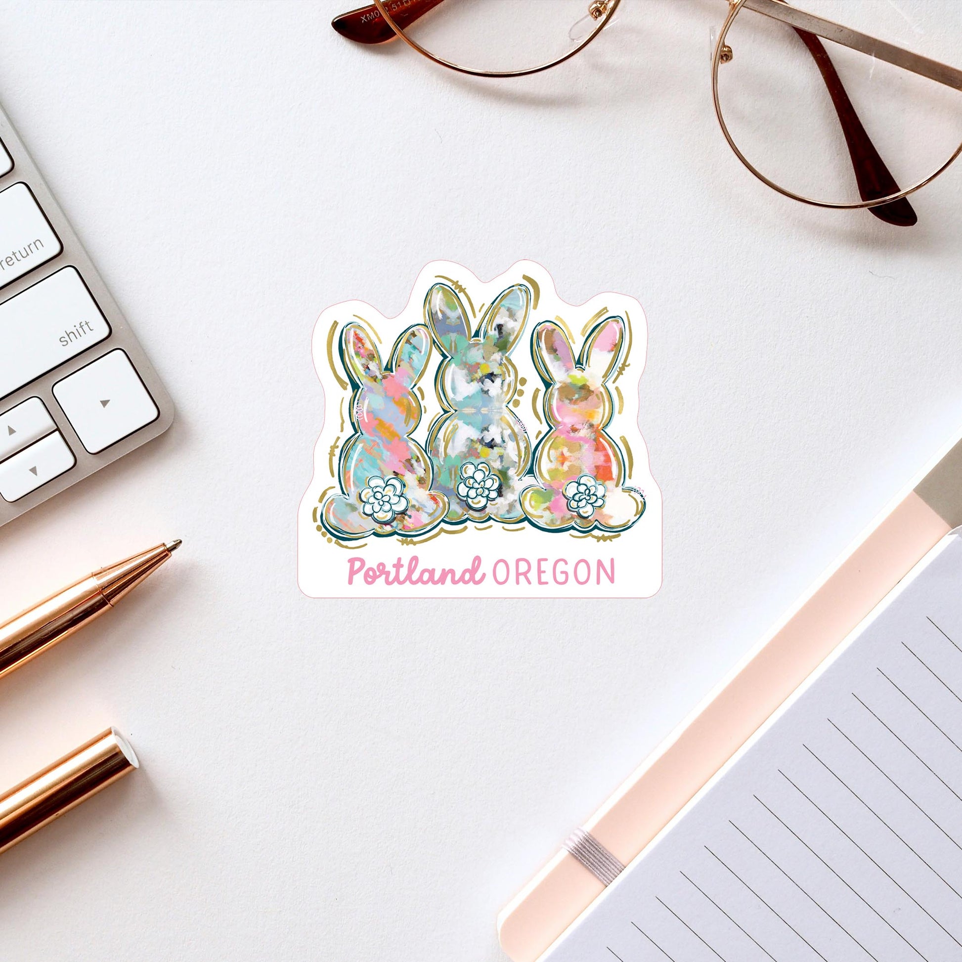 Vinyl Sticker-Love+Local Watercolor Easter Bunny Trio -2