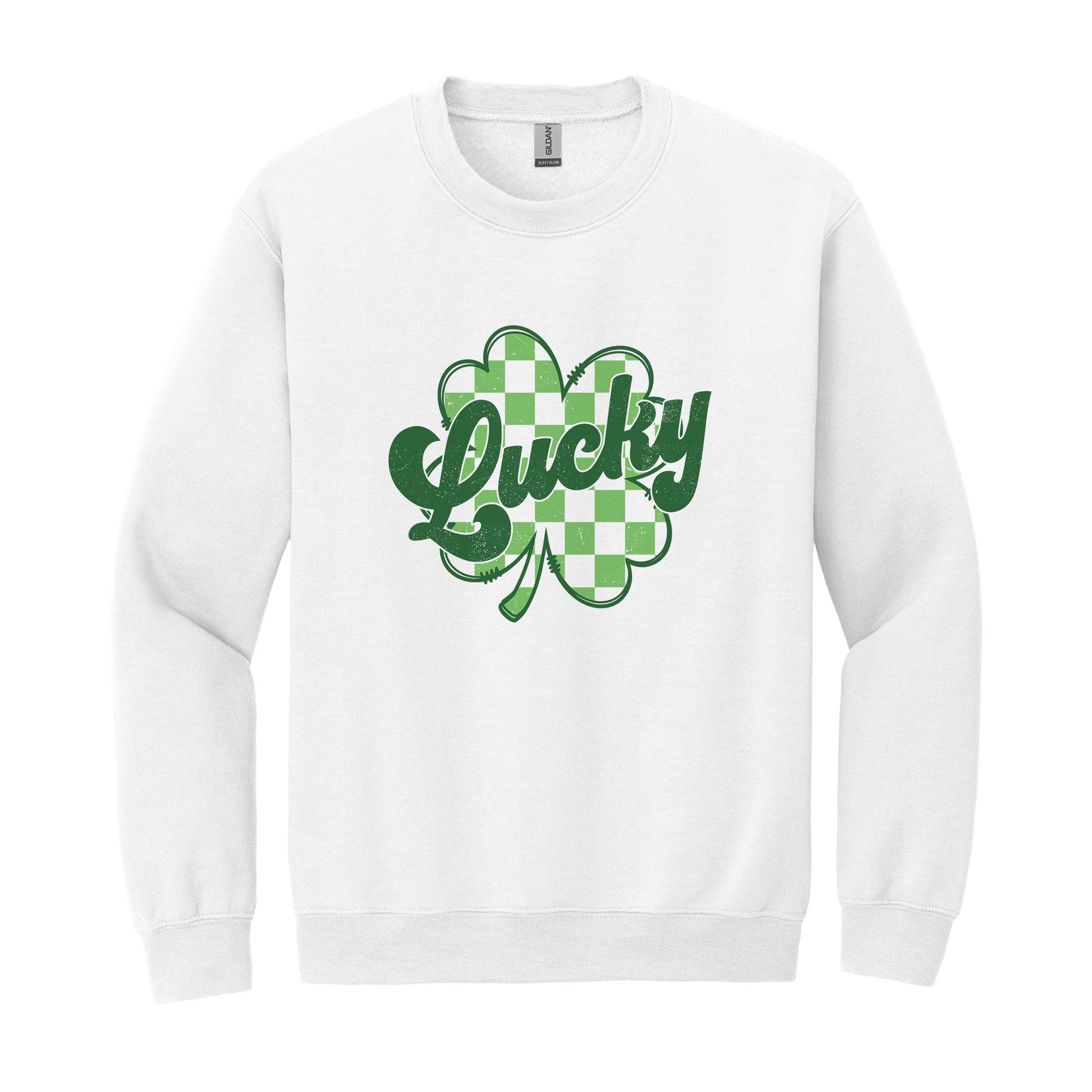Gildan Sweatshirt White-St. Patrick's Day Lucky Checker Shamrock -0