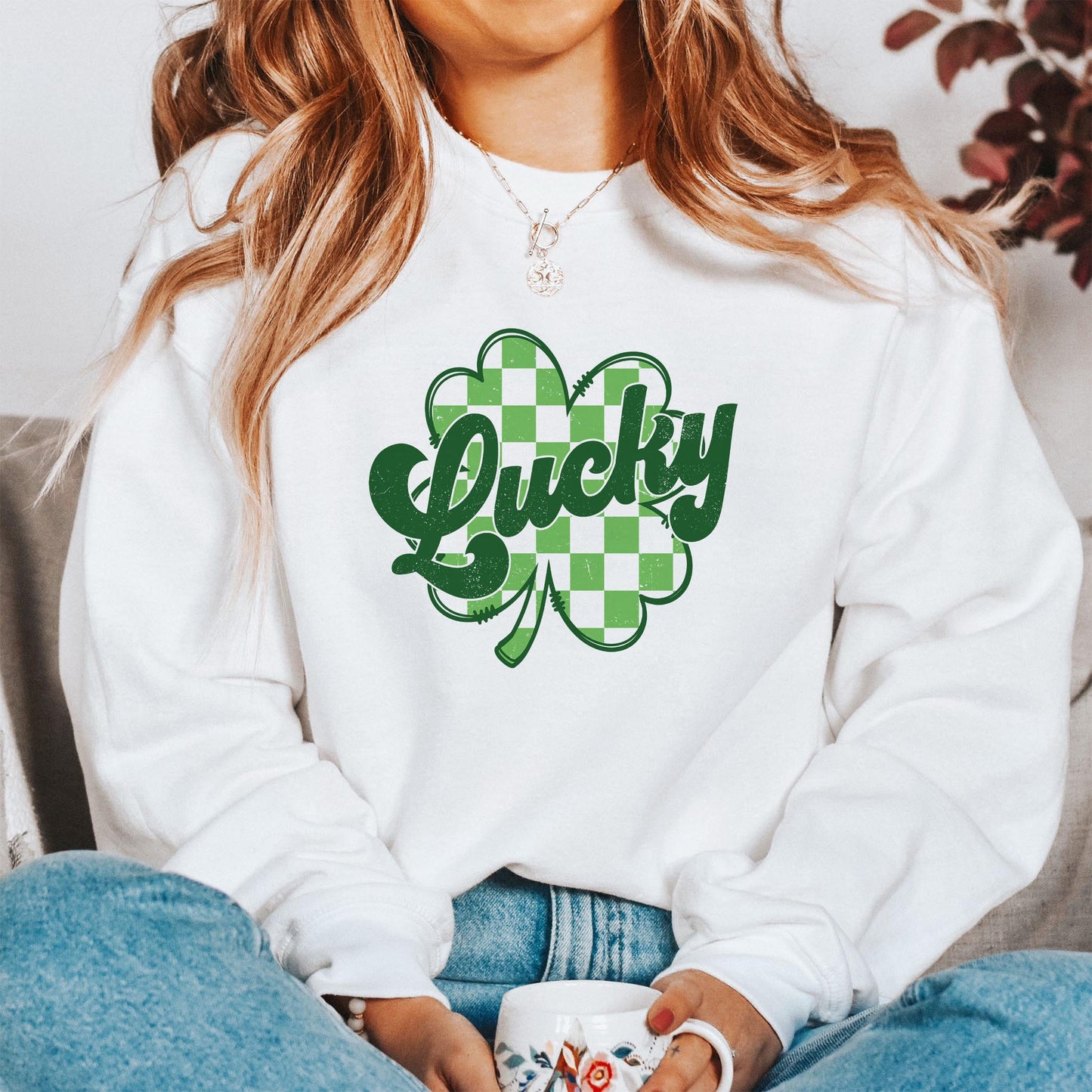 Gildan Sweatshirt White-St. Patrick's Day Lucky Checker Shamrock -1