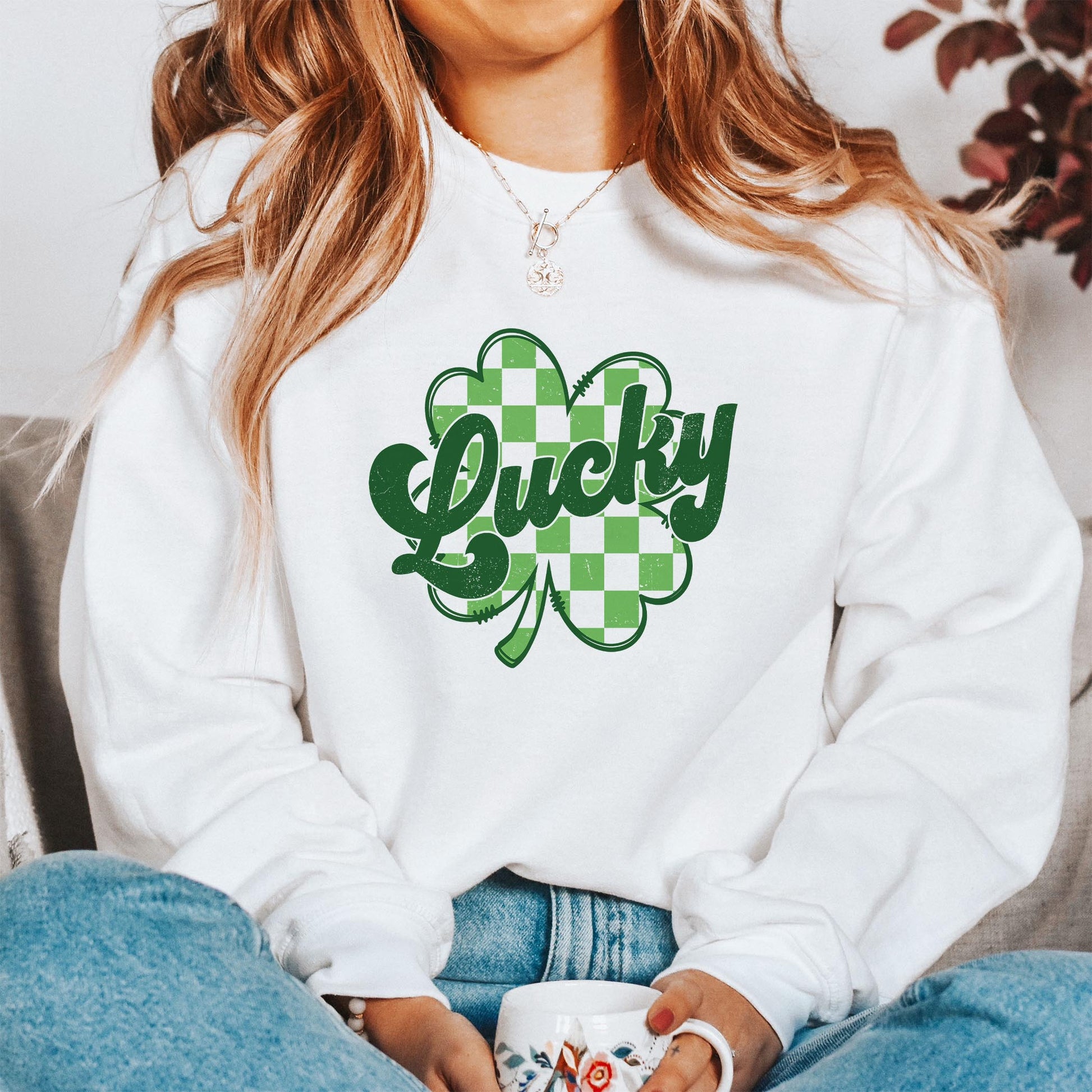 Gildan Sweatshirt White-St. Patrick's Day Lucky Checker Shamrock -1