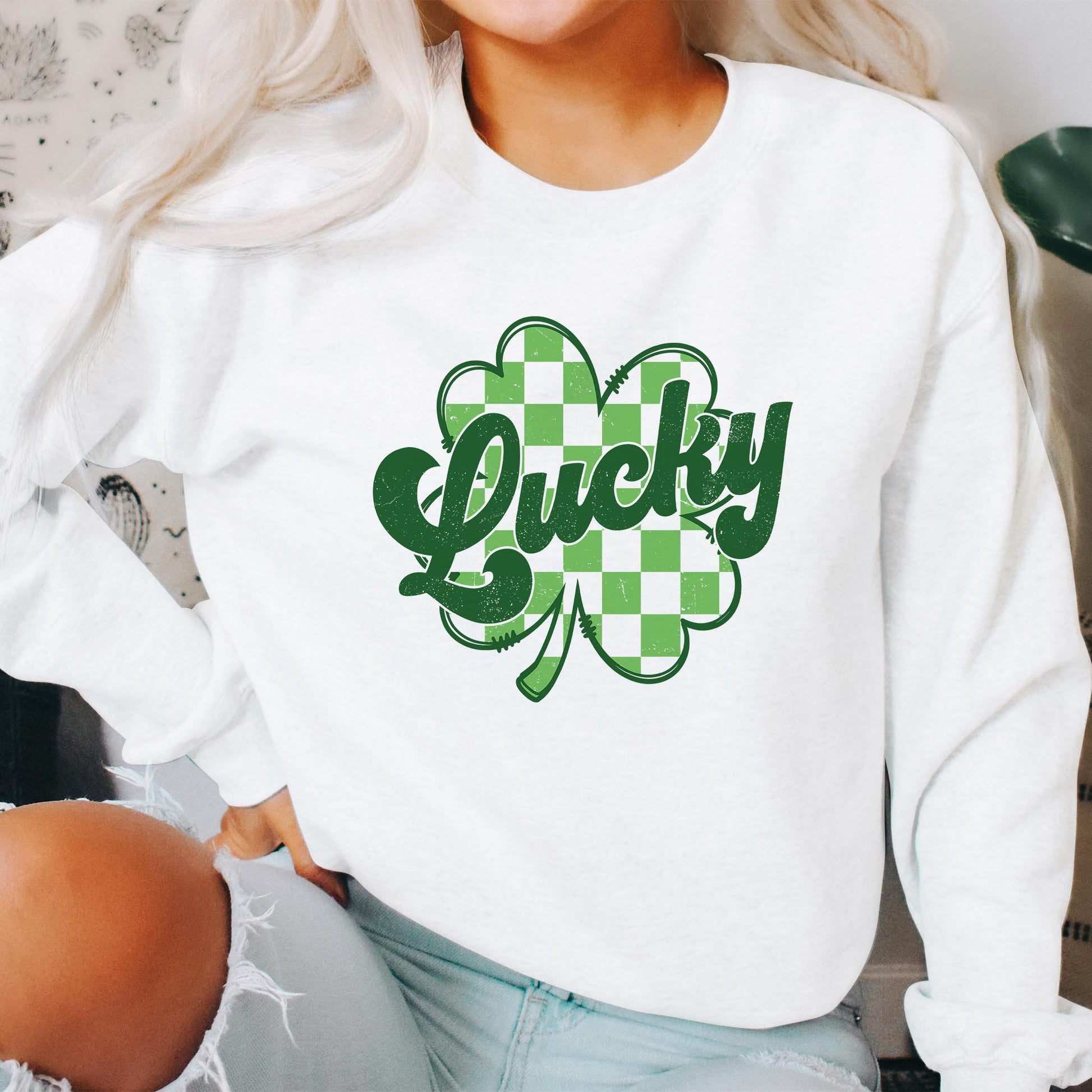 Gildan Sweatshirt White-St. Patrick's Day Lucky Checker Shamrock -2