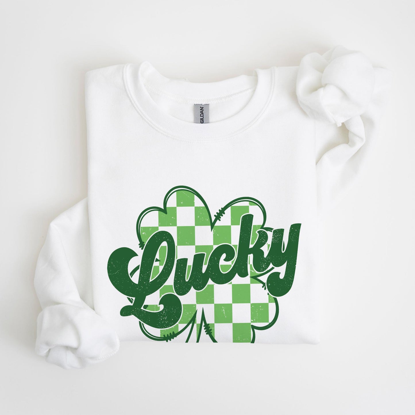 Gildan Sweatshirt White-St. Patrick's Day Lucky Checker Shamrock -4