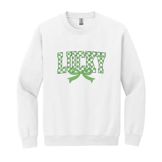 Gildan Sweatshirt White-St. Patrick's Day Lucky Checker Bow -0