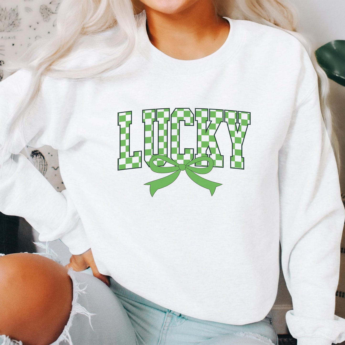 Gildan Sweatshirt White-St. Patrick's Day Lucky Checker Bow -2