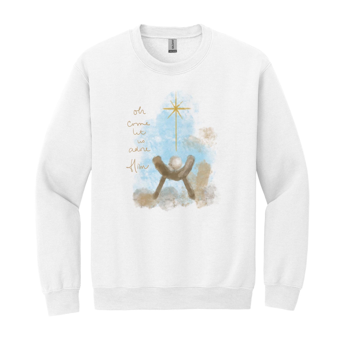Gildan Sweatshirt White-Let Us Adore Him Watercolor Manger