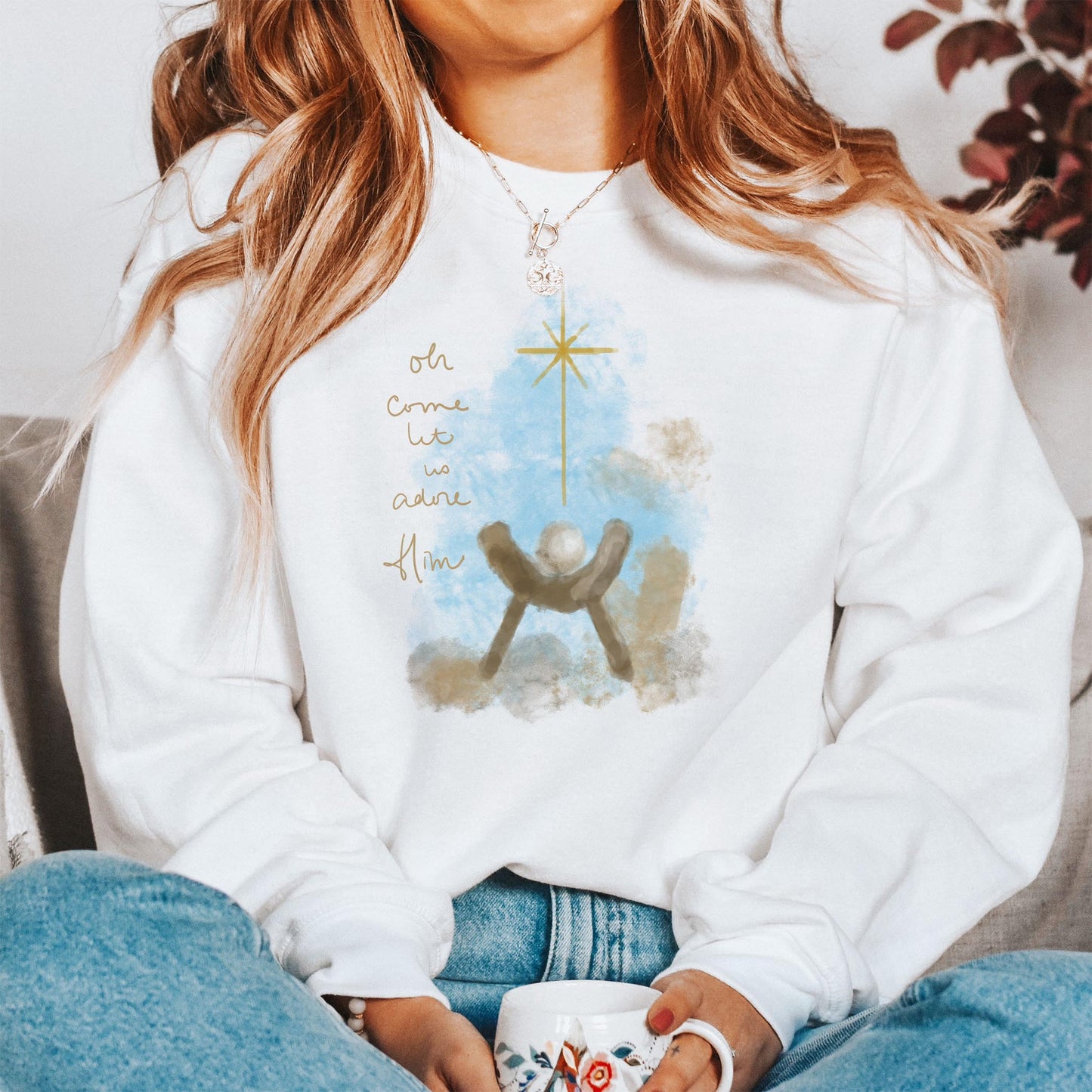 Gildan Sweatshirt White-Let Us Adore Him Watercolor Manger