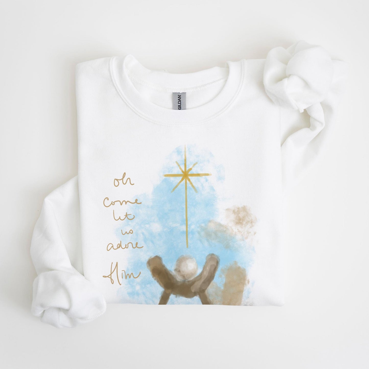 Gildan Sweatshirt White-Let Us Adore Him Watercolor Manger