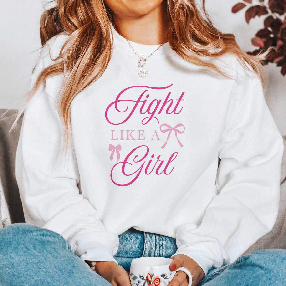 Gildan Sweatshirt White-Breast Cancer Awareness | Fight Like A Girl -1