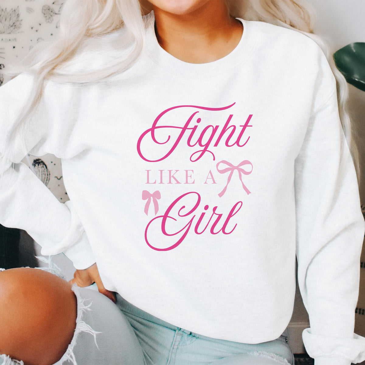 Gildan Sweatshirt White-Breast Cancer Awareness | Fight Like A Girl -2