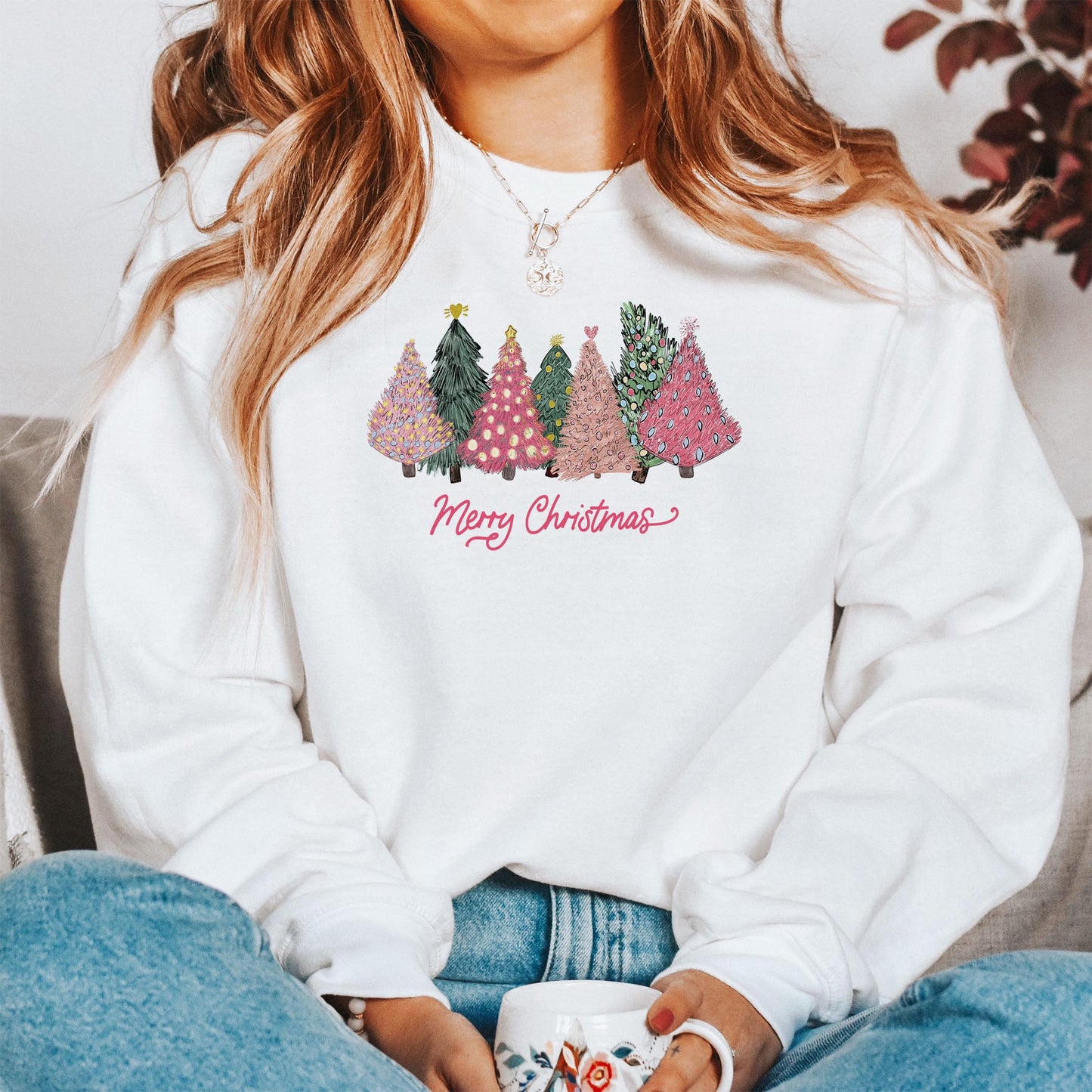 2XL Gildan Sweatshirt White-Pink Trees Merry Christmas