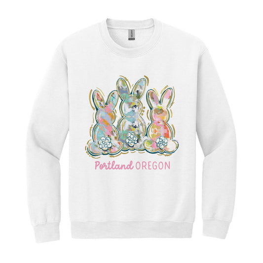 Gildan Sweatshirt White-Love+Local Watercolor Easter Bunny Trio -0