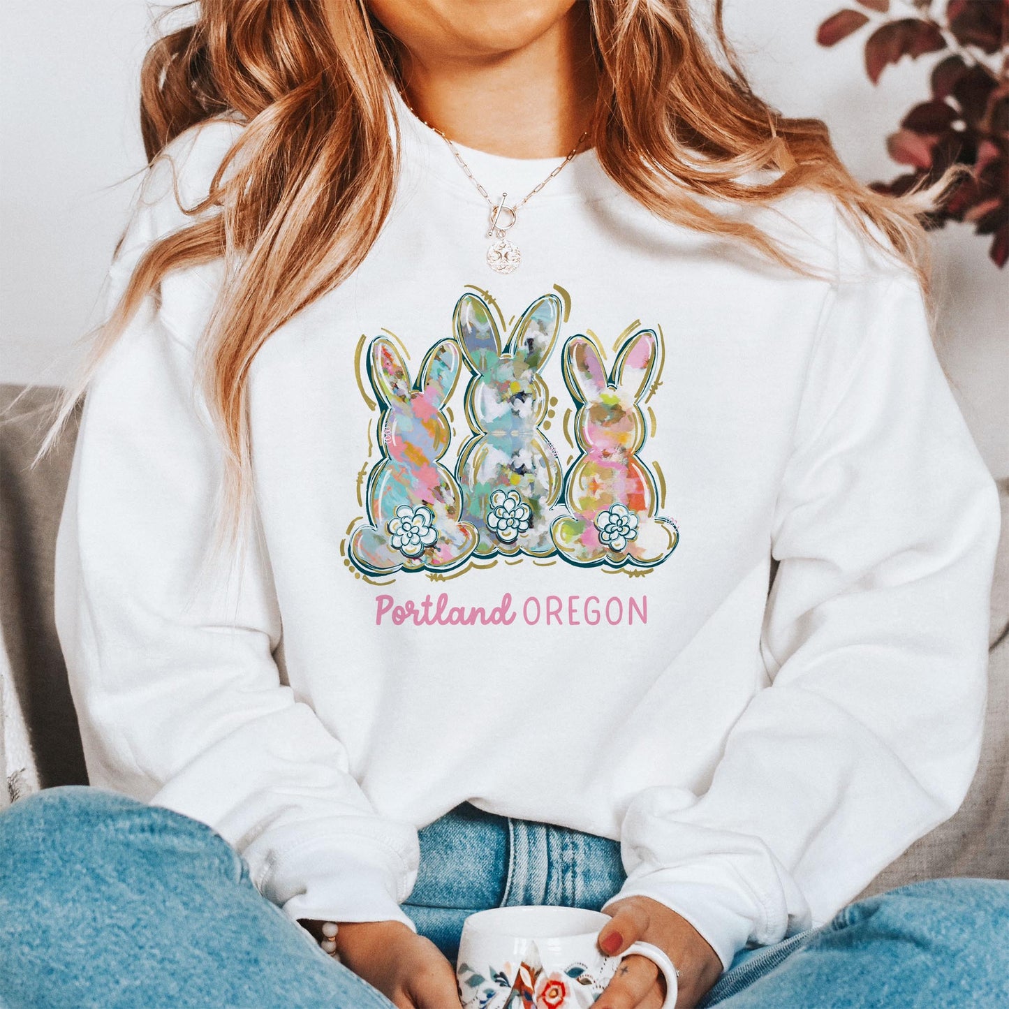 Gildan Sweatshirt White-Love+Local Watercolor Easter Bunny Trio -1