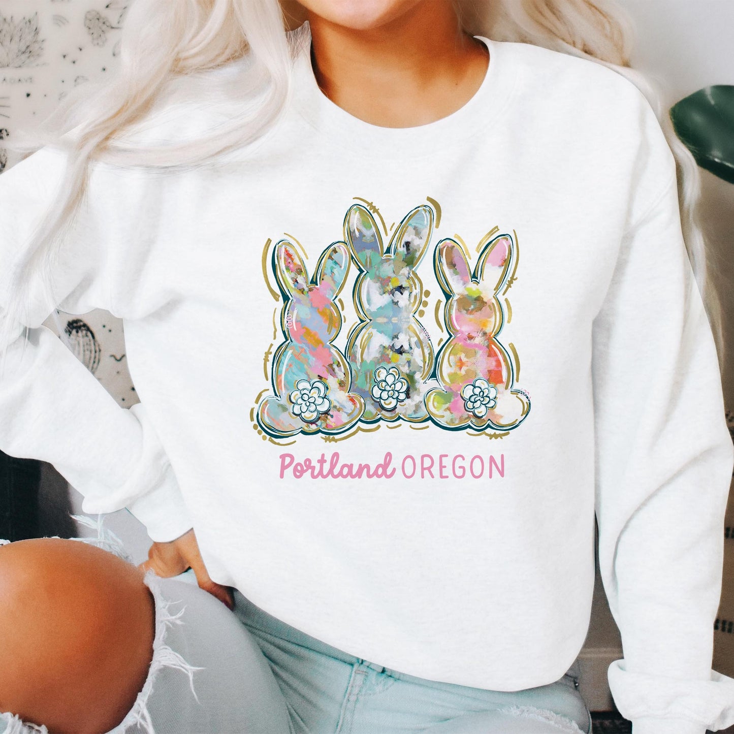 Gildan Sweatshirt White-Love+Local Watercolor Easter Bunny Trio -2