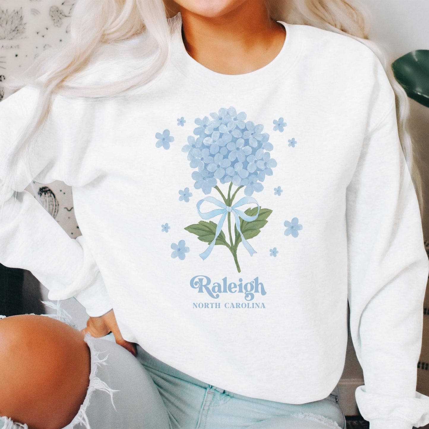 Gildan Sweatshirt White-Love+Local Hydrangea Cottage -2