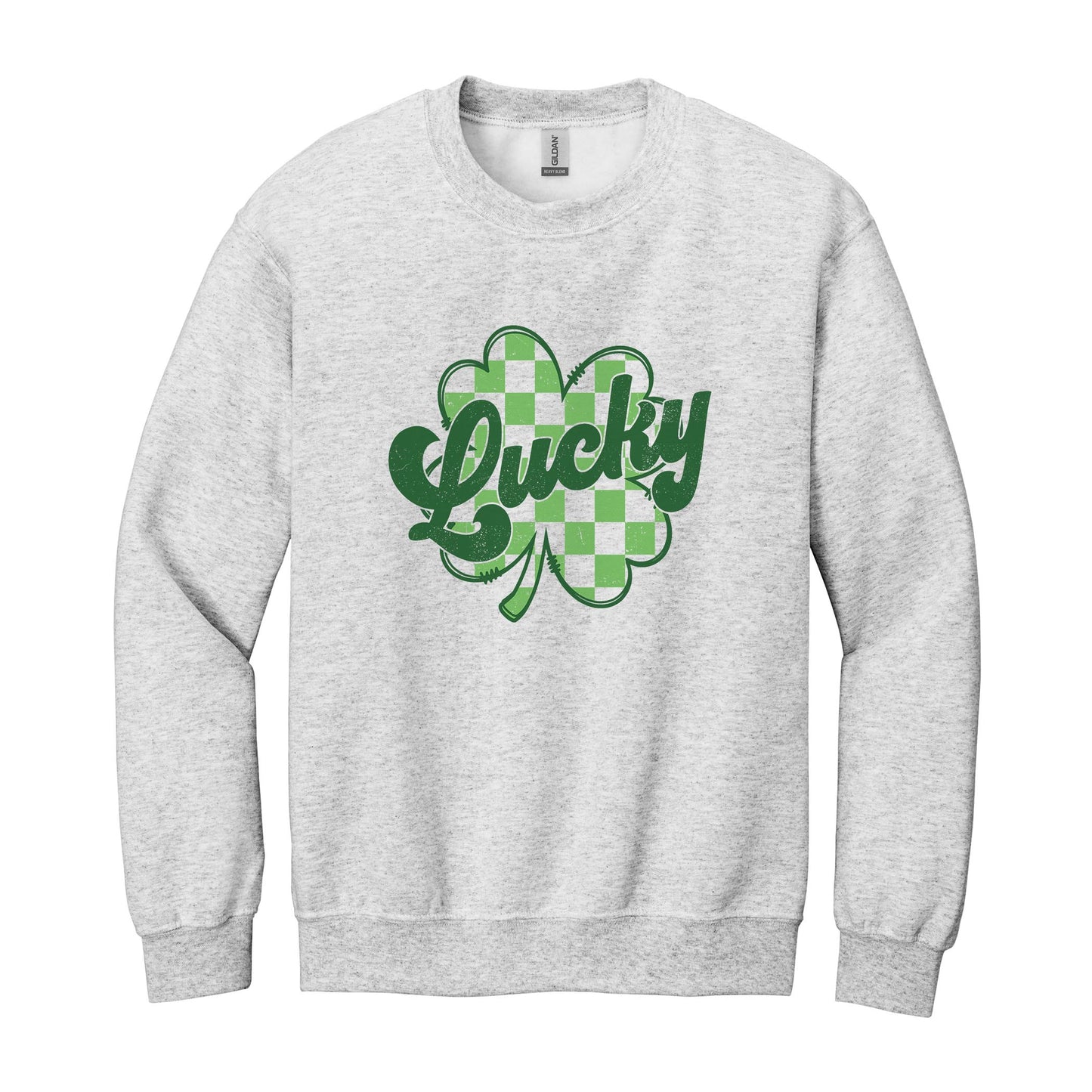Gildan Sweatshirt Heather Grey-St. Patrick's Day Lucky Checker Shamrock -0