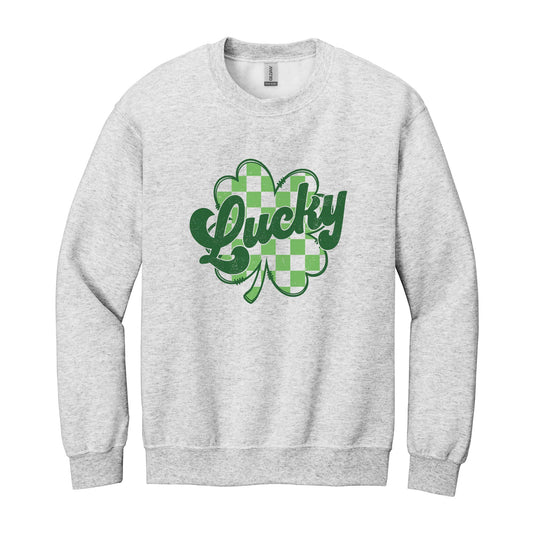 Gildan Sweatshirt Heather Grey-St. Patrick's Day Lucky Checker Shamrock -0