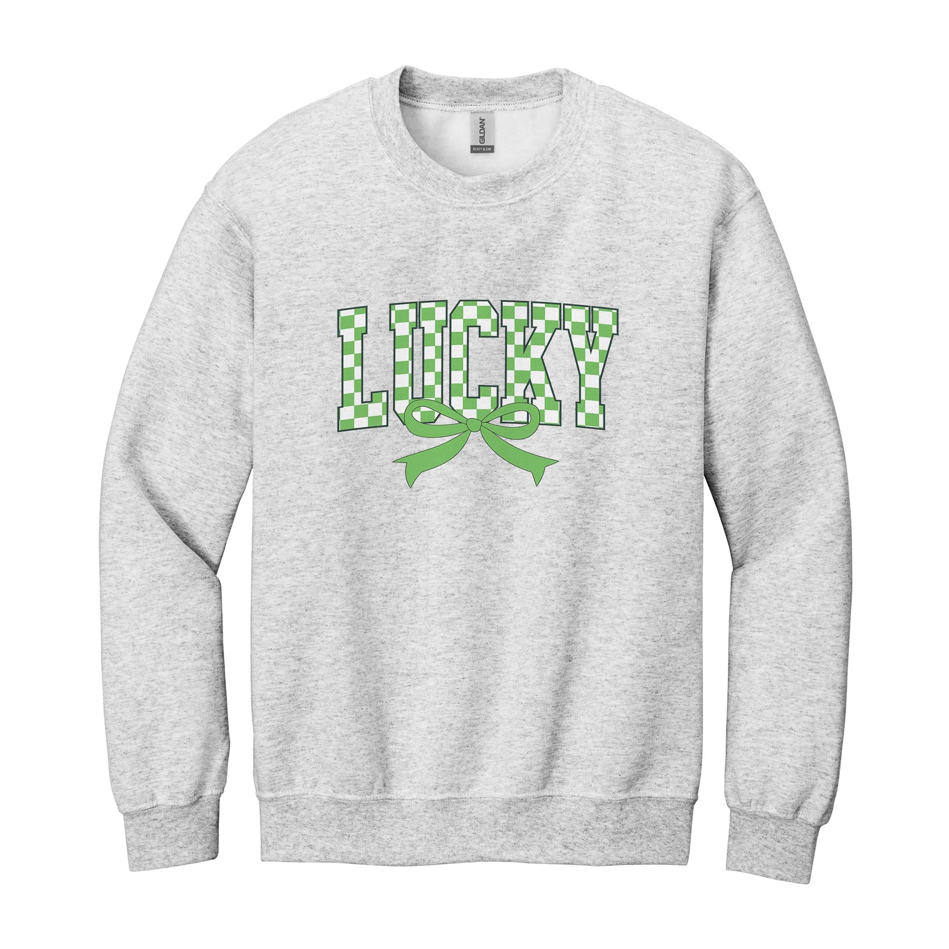 Gildan Sweatshirt Heather Grey-St. Patrick's Day Lucky Checker Bow -0