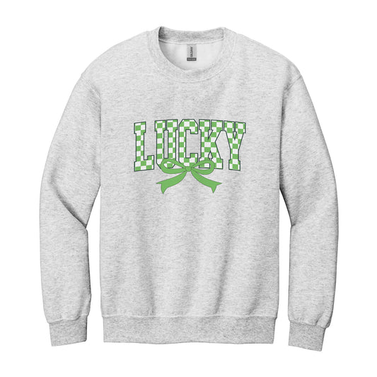 Gildan Sweatshirt Heather Grey-St. Patrick's Day Lucky Checker Bow -0